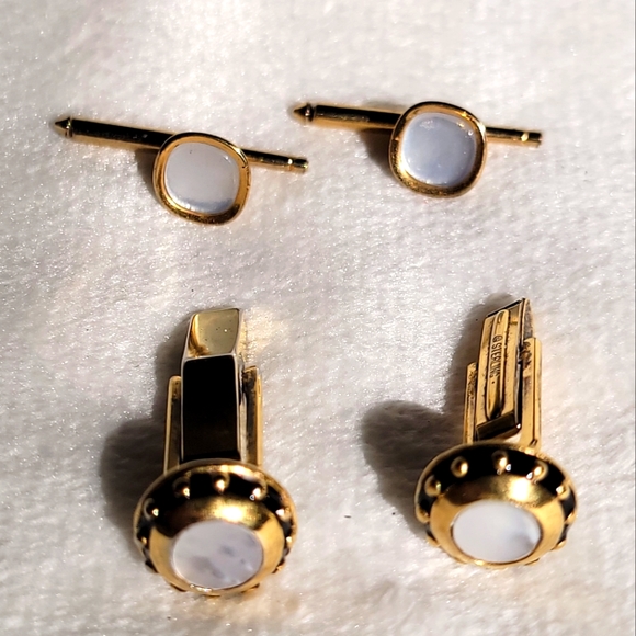 Vintage Art Deco Men’s Button Links Abalone Mother of Pearl Gold Tone - Picture 2 of 8